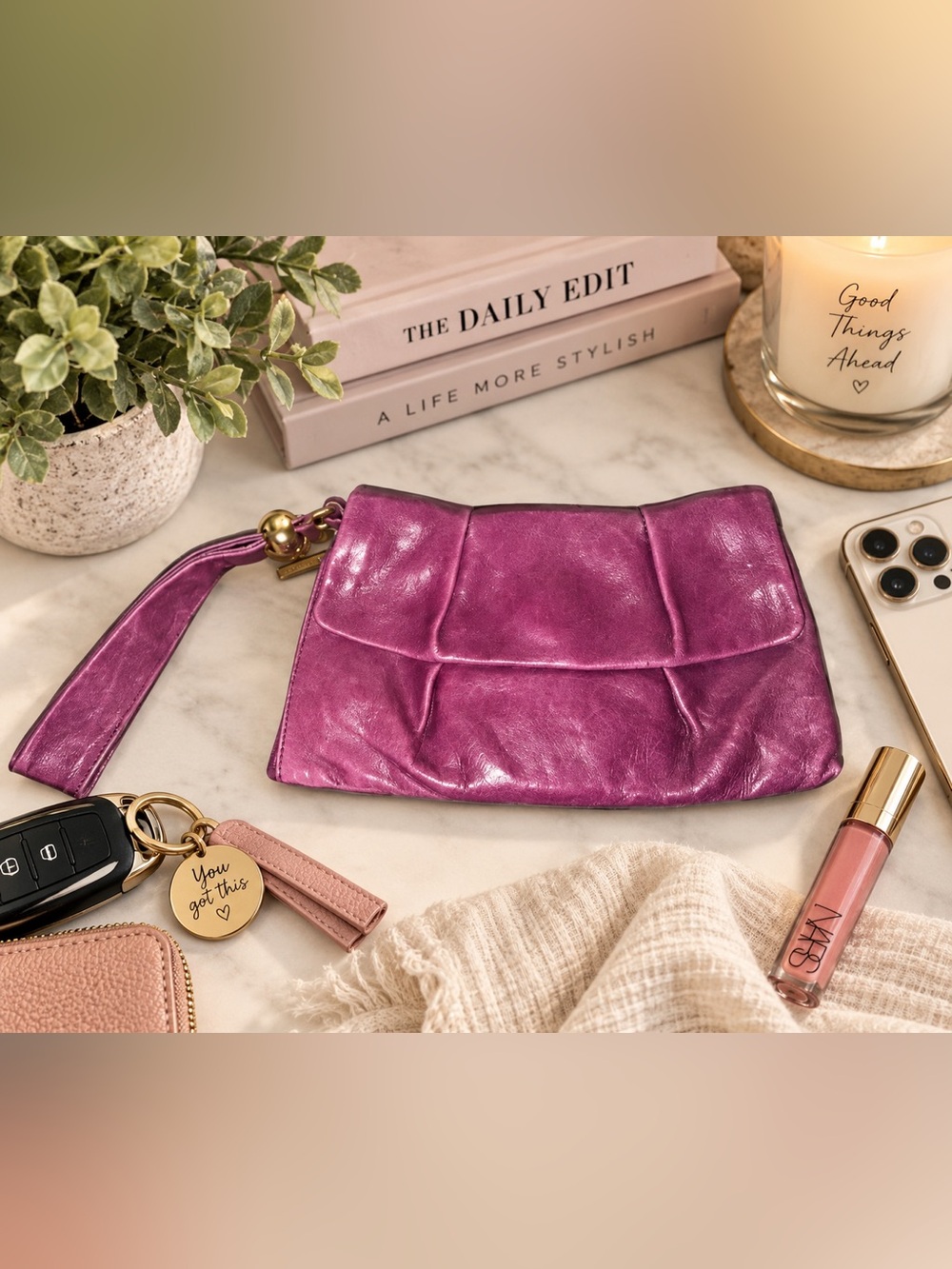 HOBO International Metallic Purple Leather Wristlet Clutch Bag